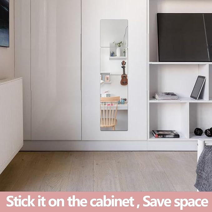 Unbreakable Full Length Wall Mirror,Mirrors for Bedroom,Over The Door Mirror,4 Pcs 12"x12",Shatterproof Plexiglass Acrylic,Long Closet,Workout for Home Gym Body Mirrors for Bedroom