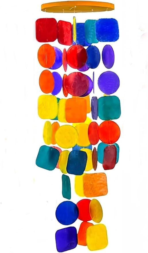 Bellaa 22890 Wind Chimes Outdoor, Garden Decorations, Musical, Indoor/Outside Windchimes, Beach, Ocean Breeze, Gifts for Mom, Gift for All Occasions, Capiz Sea Glass Shells Wood 27 inch Rainbow