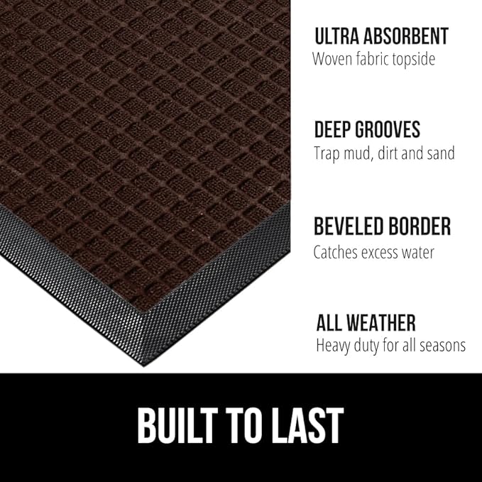 GORILLA GRIP 100% Waterproof All-Season WeatherMax Doormat US Designed Natural Rubber, Stain and Fade Resistant, Low Profile Indoor Outdoor Door Mats, Easy Clean Patio Mat, 17x29, Coffee Square