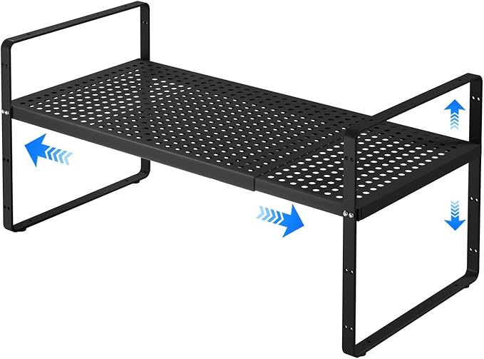 Expandable Cabinet Shelf Organizers, Kitchen Small Stand Rack Organization for Countertop Cupborad Pantry, Black 1 Pack