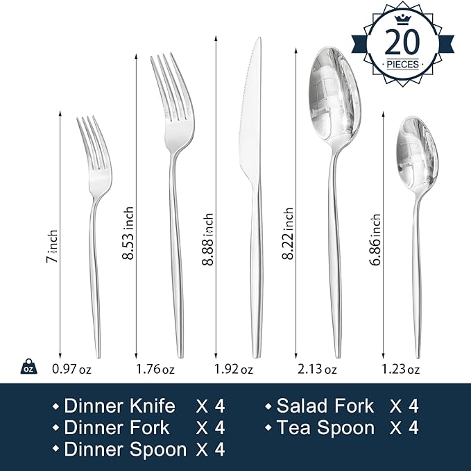 KINGSTONE Silverware Set, 20-Piece Flatware Set Cutlery Set Premium 18/10 Stainless Steel, Tableware Include Forks Knives Spoons for Home Kitchen Restaurant Wedding, Dishwasher Safe