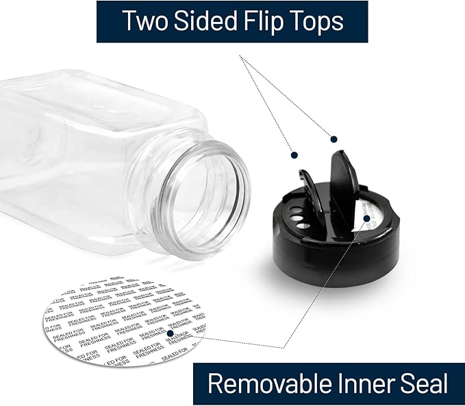 RoyalHouse 12 Pack 9.5 Oz Plastic Spice Jars with Black Cap, Clear and Safe Plastic Bottle Containers with Shaker Lids for Storing Spice, Herbs and Seasoning Powders, BPA Free, Made in USA