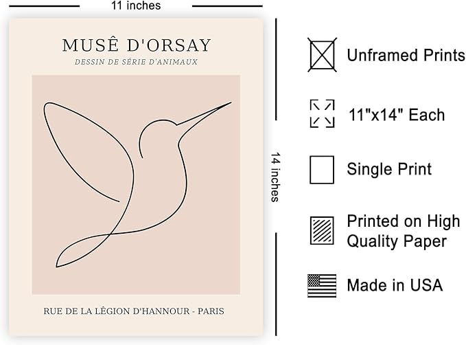 Poster Master Vintage Poster - Retro One Line Hummingbird Drawing Print - Bird Line Art - Minimal Gift for Him, Her, Animal Lover - Abstract Decor for Home, Office - 11x14 UNFRAMED Wall Art