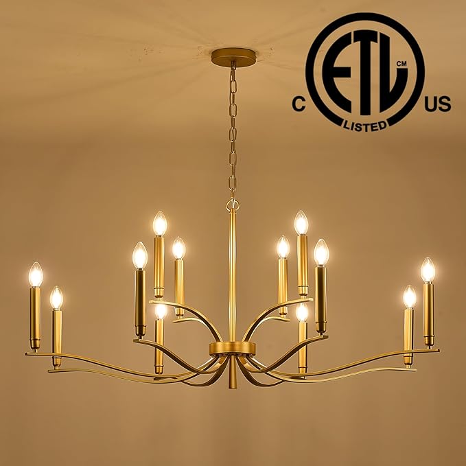 12 Light Gold Living Room Chandelier High Ceiling Foyer Candle Chandelier Large Modern Brass 44in Metal Chandeliers Hanging Light for Master Bedroom Dining Room Light Fixture Over Table
