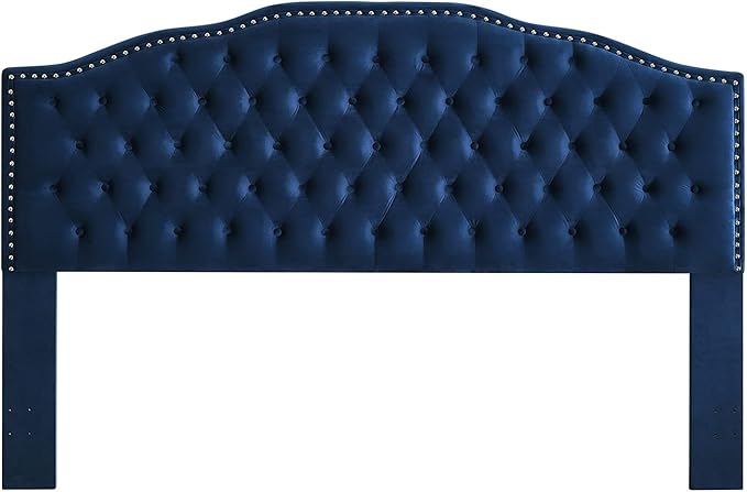 24KF Upholstered Button Tufted King Headboard with Nailhead Trim, Soft Velvet Fabric Headboard King/CA King - Navy