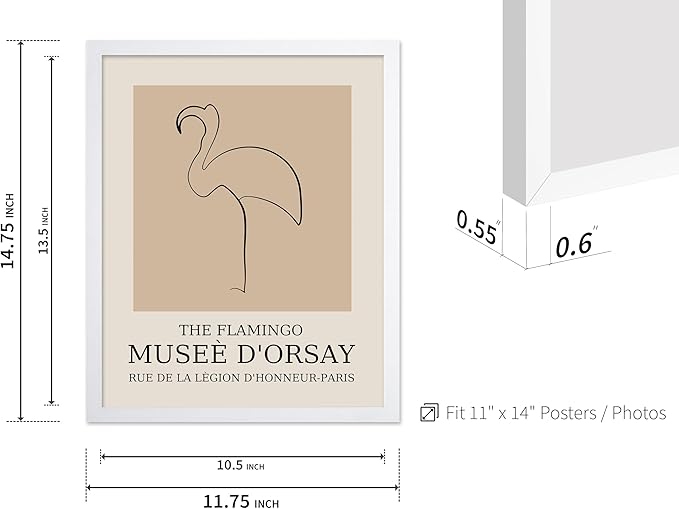 Poster Master Vintage Poster - Retro Minimalist Print - Gift for Artist, Housewarming - Flamingo, Line Drawing, Sketch, Abstract - Wall Decor for Living Room, Bedroom, 11x14 White Framed