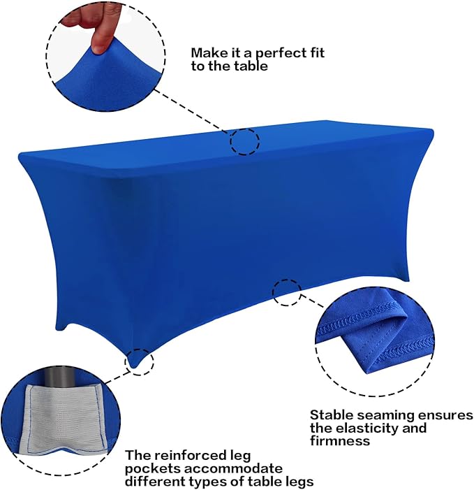 IVAPUPU 2 Pack 6FT Table Cloth for Rectangular Fitted Events Stretch Royal Blue Table Covers Washable Spandex Tablecloth Protector for Party, Wedding, Cocktail, Banquet, Festival