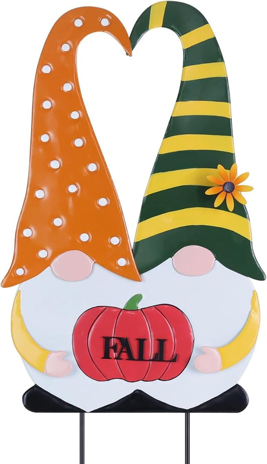 YEAHOME Outdoor Fall Decor, 2 Gnomes Decorative Garden Stake with Pumpkin for Fall Decorations, Autumn Metal Yard Signs for Home Outside Garden Porch Lawn, Thanksgiving Decorations Outdoor (YHMD-478)