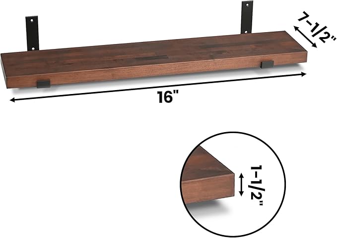 CONSDAN Floating Shelves for Wall Mounted Book Shelf Hanging Shelves Floating Bookshelf for Bedroom, Bathroom, Living Room, Kitchen USA Grown Solid Hardwood, Dark Maple 16x7.5x1.5 in (Set of 2)
