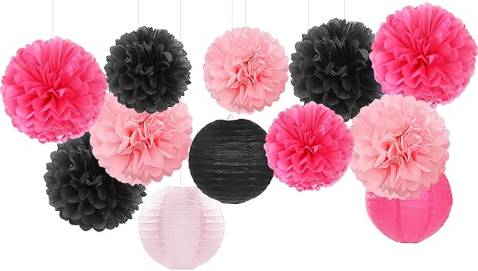 Hot-Pink Black Party-Decorations Paper Flowers Lanterns - 15PCS Graduation Birthday Tissue Pom Poms Streamers,Baby Girl Women Bachelorette Hanging Supplies Decor Hugfond