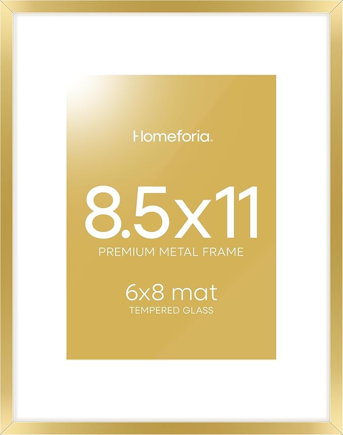 Homeforia 8.5 by 11 Picture Frame Gold, High End Metal 8.5x11 Poster Frames with Mat 6x8 Photo, 8.5 x 11 Frame Matted to 6 x 8 Print, 8.5by11 Wall or Tabletop Frame, Tempered Glass, Wall Kit, Set of 1