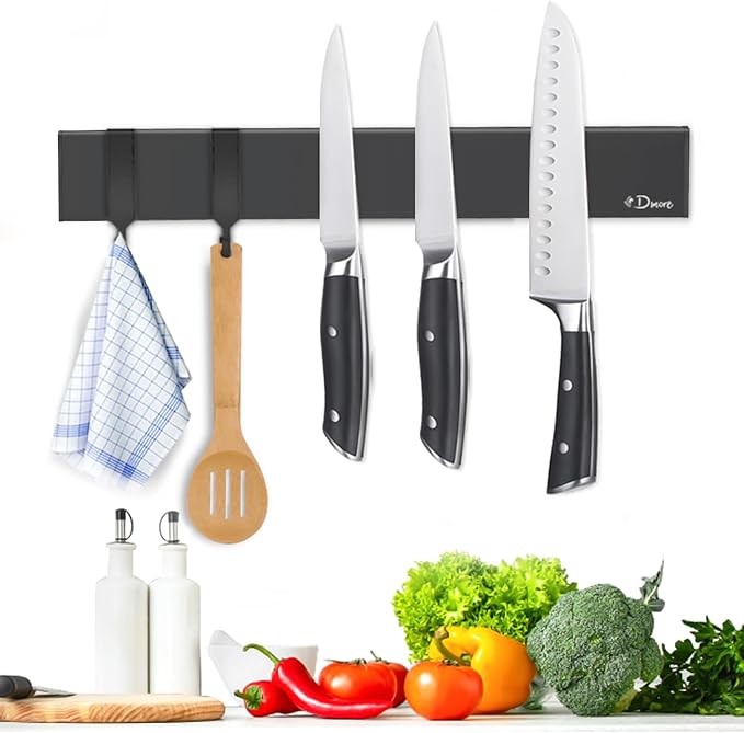 Dmore magnetic knife holder for wall—with 2 hooks, No Drilling 12 Inch black knife magnetic strip, Powerful knife magnet rack, include Adhesive Tape and screws for Knives, Utensils, and Tools