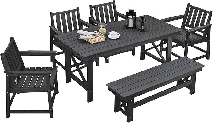 HDPE Outdoor Dining Set of 6, Patio Dining Table Set with 4 Chairs and 1 Bench, 6 Pieces HDPE Dining Set with Umbrella Hole, Outdoor Furniture Sets for Deck, Poolside, Garden, Obsidian
