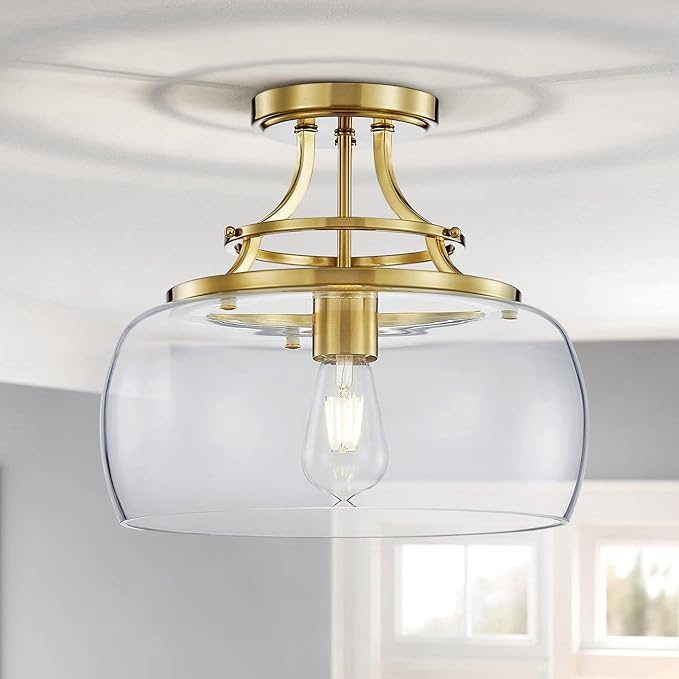 WUZUPS Chandelier Rustic Farmhouse Industrial Round Semi-flushmount Ceiling LED Light Fixture with Clear Glass Shades for Bathroom Kitchen Foyer Entryway, H 11.8" x W 13.4", E26 Base, Brushed Gold