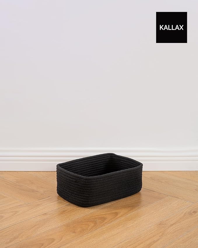 KALLAX Small Woven Basket, 12 x 8 x 4.5 Inches, Storage Basket for Organizing, Cute Small Rope Shelf Closet Cube Storage Bins Baskets for Shelves, Dog Toy Gift Baskets Empty, 3 Packs, Black