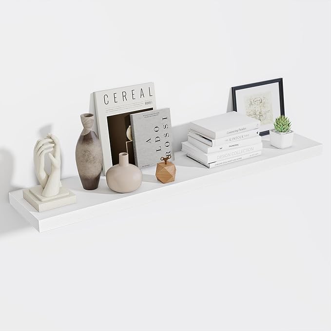 Fun Memories 55 Inch Fireplace Mentel Shelf, 10 Inch Deep Shelves for Display & Wall Storage, Rustic Wood Wall Shelf, Extra Long Floating Shelves for Living Room Laundry Room, White, Set of 1