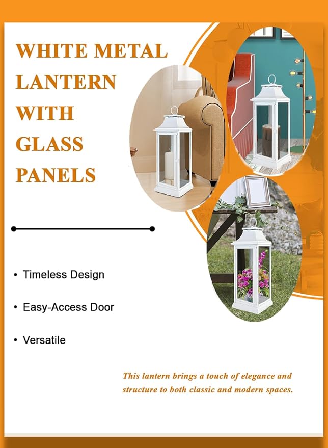 Serene Spaces Living Hurricane Lanterns with Clear Glass Panels, Perfect for Home Decor, Parties & Events, Table Top Or Hanging Lantern for Indoor & Outdoor (Medium - White)