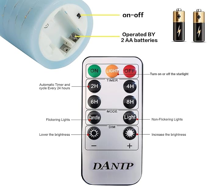 danip Sky Blue LED Flameless Candle, with Embedded Star String, 3-Piece Set of LED Candles, with 11 Button Remote Control, 24-Hour Timer Function, Dancing Flames, Real Wax, Battery Powered.