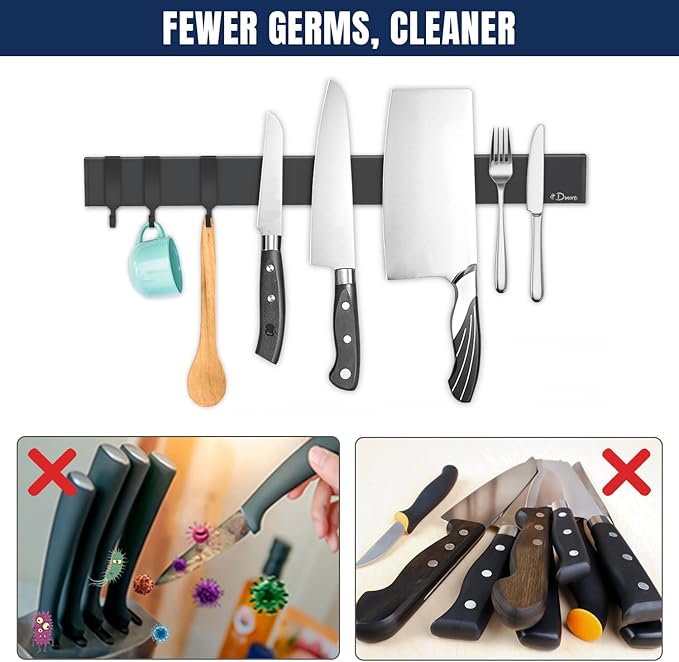 Dmore magnetic knife holder for wall—with 3 hooks, No Drilling 16 Inch black knife magnetic strip, Powerful knife magnet rack, include Adhesive Tape and screws for Knives, Utensils, and Tools