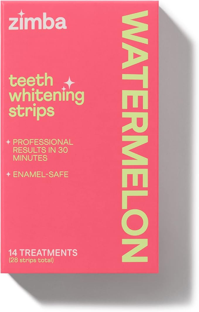 Zimba Watermelon Flavored Teeth Whitening Strips | Vegan, Enamel Safe Hydrogen Peroxide Teeth Whitener for Coffee, Wine, Tobacco, and Other Stains | 14 Day Treatment | Watermelon