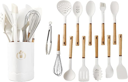 13-Piece silicone utensil set wood handle nonstick cookware safe dishwasher safe kitchen tools BPA free heat resistant (450°F/230°C) ceramic pan safe cooking gifts housewarming (White)