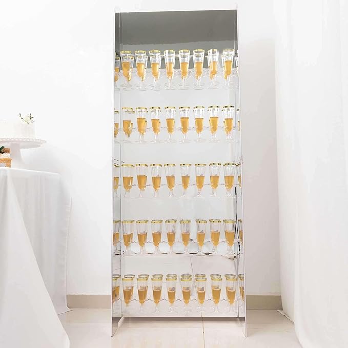 Tableclothsfactory Silver Mirror Finish 5-Tier Wine Glass Stemware Rack, 40 Champagne Flute Holder Foam Board Wall Stand - 5ft