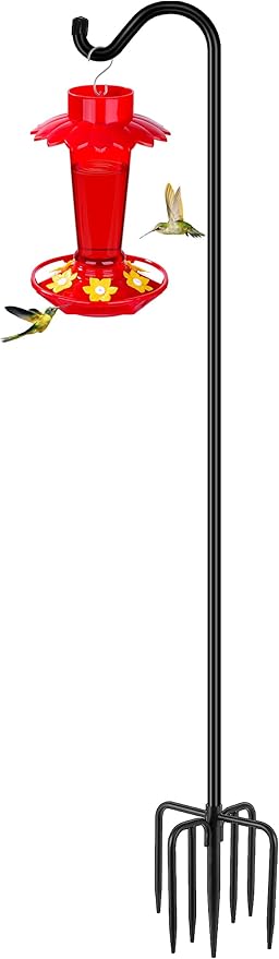 Gtongoko Tall Shepherds Hook for Outdoor, 108 Inch Bird Feeder Pole with 7 Prongs Base, 3/4 Inch Thick Heavy Duty Adjustable Garden Hook for Hanging Plant, Lantern, Hummingbird Feeder, 1 Pack