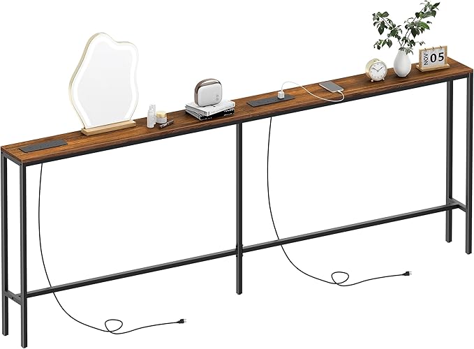 80.7'' Narrow Sofa Table with 2 Power Outlets (6 AC Outlets & 4 USB Ports), Thin Console Tables Narrow Long, Behind Couch Table Skinny for Entryway, Living Room, Hallway, Foyer, Rustic Brown
