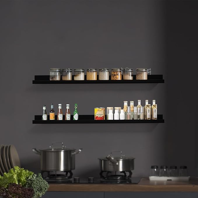 Black Floating Shelves 36 Inch Modern Picture Frame Shelf for Wall Picture Ledge Shelves with Lip Wooden Book Toy Shelves Set of 2 Bathroom Shelf Organizer for Living Room Bedroom Kitchen Wall Decor