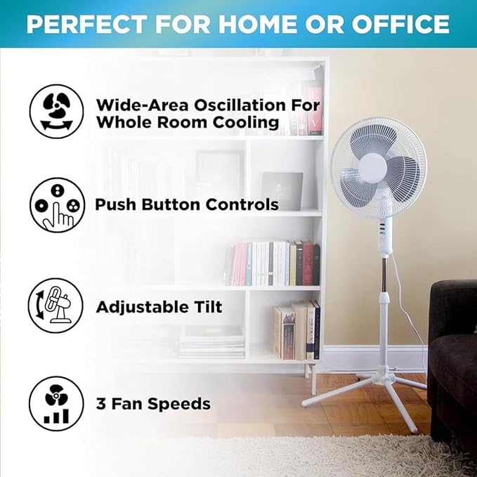 EZ-CHILL 16” Oscillating Pedestal Fan, 3-speed Options, 90-Degree Oscillating Head, Adjustable Height and Tilt, Powerful Air Flow, Black, MTFS-16B-BLK