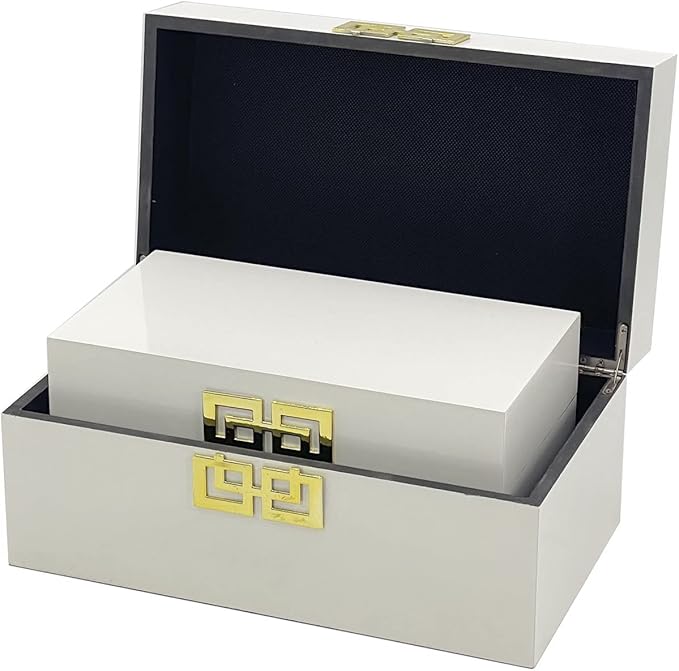 Galt International Large & Small Decorative Storage Box w/Hinged Lid - Classic Design Wood Decor Boxes with Geometric Opening Clasp - Home & Office Storage - Set of 2 (White + Gold)