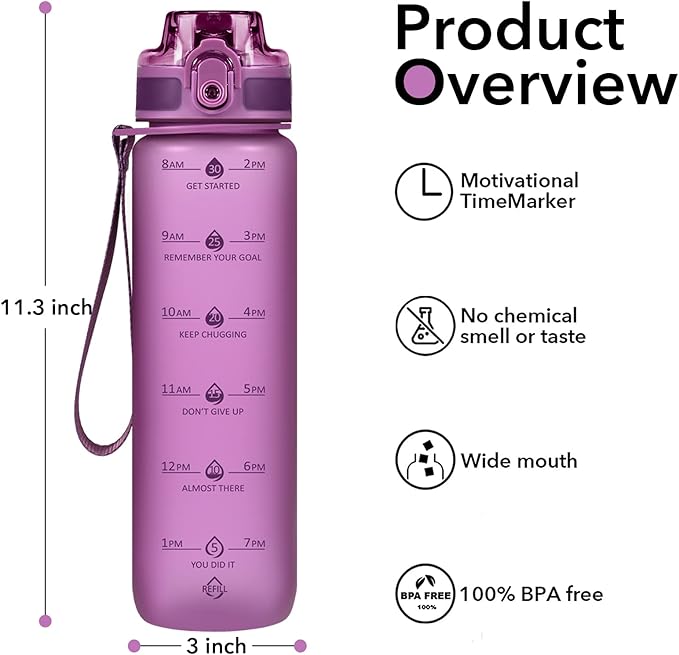 32oz Motivational Water Bottles with Time Marker & Fruit Strainer, Transparent Gradient Color Water Bottle with Times to Drink, Leakproof & BPA Free, Reusable Bottle with Strap (No Straw)