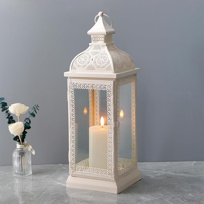 TRIROCKS Rustic Style Metal Candle Lantern 19'' High Decorative Hanging Lantern Candle Holder with Tempered Glass for Christmas Living Room Garden Yard Patio Parties Events Indoors Outdoors(Cream)