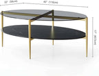 Oval Glass Coffee Table, Mid-Century Modern Design, L43 x W22 x H17 inch, Surfboard Shaped Grey Glass Top and Black Marble Finish Wood Shelf, Tapered Legs with Gold Finish Frame