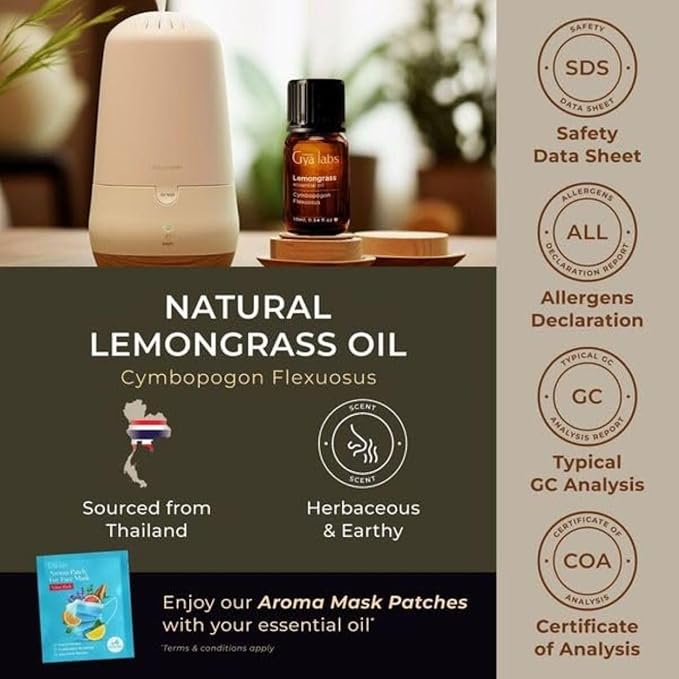 Gya Labs Lemongrass Essential Oil for Diffuser - 0.34 Fl Oz - 100% Pure Natural - Lemongrass Oil for Hair, Skin, Herbaceous, Candle Making Scent