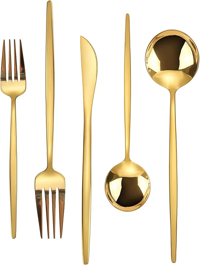 Gold Silverware Set, KassKa 40 Pieces Flatware Cutlery Set, Stainless Steel Utensils Set Spoon Fork Knives Set for Home Restaurant and Kitchen, Mirror Polished Finished, Service for 8