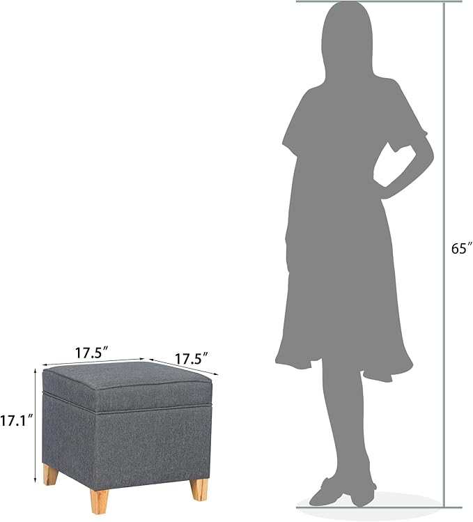 Adeco 17.5" Square Fabric Ottoman with Storage, Upholstered Cotton Linen Foot Rest, Flip Top Footstool, Small Cube Coffee Table Extra Seat for Living Room, Bedroom, Grey with Burlywood Legs