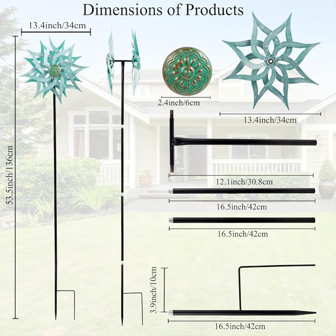 Viveta Metal Wind Spinners,53.5" Kinetic Wind Sculptures,Green Garden Pinwheels Double Layer Windmill for Outdoor Patio Lawn Yard