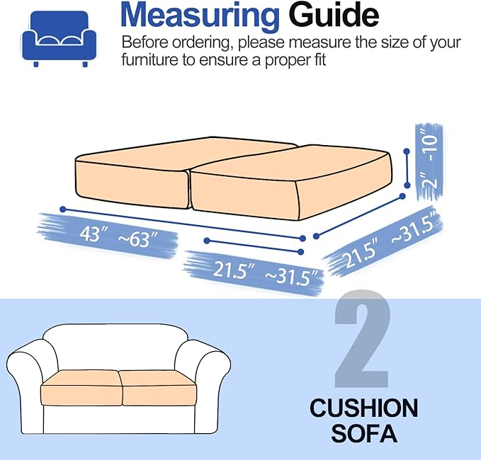 Couch Cushion Covers Individual Large Super Stretch Chenille (Softer Version) Sofa Cushion Covers, Couch Seat Covers Couch Slipcovers Furniture Protector (2PC, Khaki)