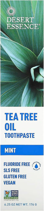 Desert Essence Tea Tree Oil Toothpaste - Mint - 6.25 Ounce - Refreshing Taste - Deep Cleans Teeth & Gums - Helps Fight Plaque - Sea Salt - Pure Essential Oil - Baking Soda - Promotes Healthy Mouth