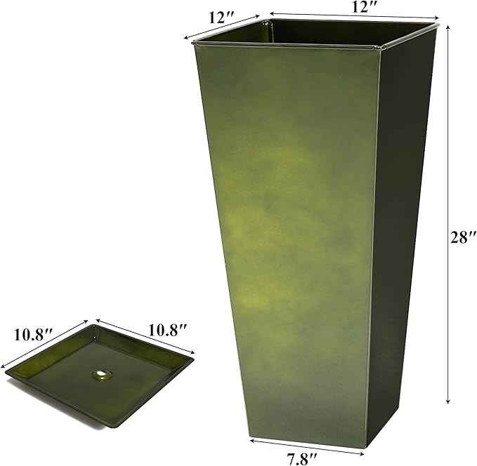 WORTH Garden 28" Large Metal Glazed Planter Set of 2, Luxurious Glossy Finish Green Tall Square Tapered Steel Plant Pots, Decor Flower Pot Indoor & Outdoor, Drainage Hole & Dual-Purpose Plant Saucer