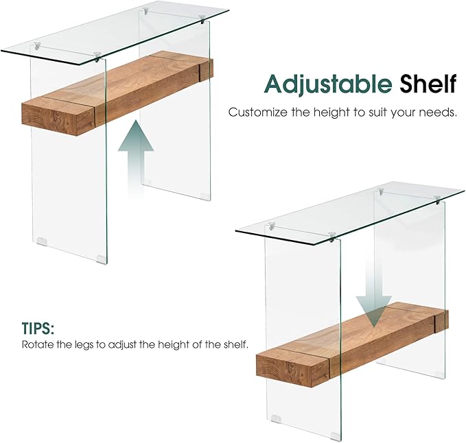 ivinta Glass Console Table with Storage, 39.4" Modern Narrow Entryway Table for Living Room, Entrance, Hallway or Bedroom 5101 (Natural Wood)