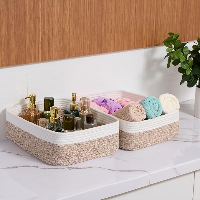 Large Shallow Organizing Baskets 15x11x5.1 Inches - Rope Woven Storage Bins for Bathroom, Shelves, Cube Closet, White Mixed Brown 2 Packs