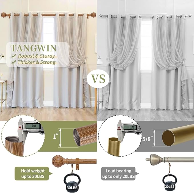 Wood Curtain Rods for Windows 28 to 48 Inch(2.3-4Ft),1 Inch Adjustable Curtain Rod,Heavy Duty Curtain Rods,Wooden Netted Texture Finial Drapery Rods,Single Window Curtain Rod 18-45",Brown Wood