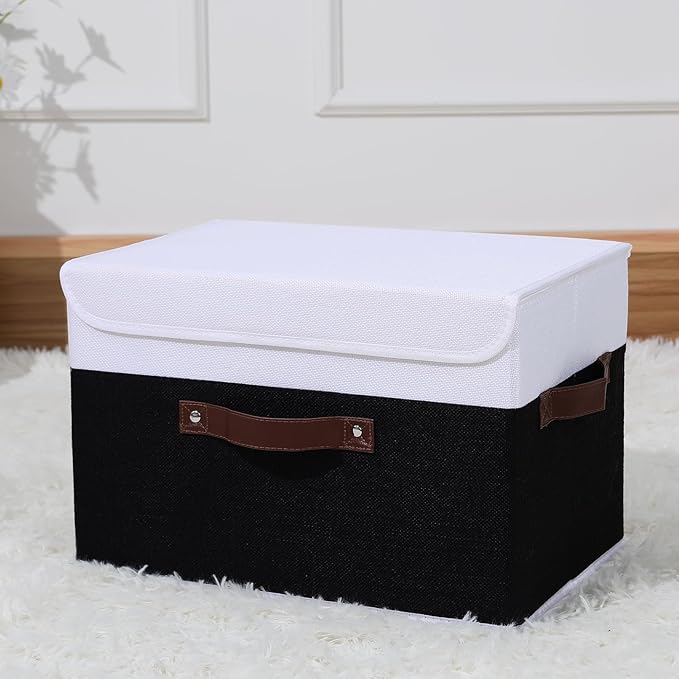 ANMINY Storage Boxes with Lids Washable Decorative Storage Bins Basket with PU Leather Handle Foldable Linen Fabric Storage Cubes Containers for Home Closet Organizer - Black White, Large Size