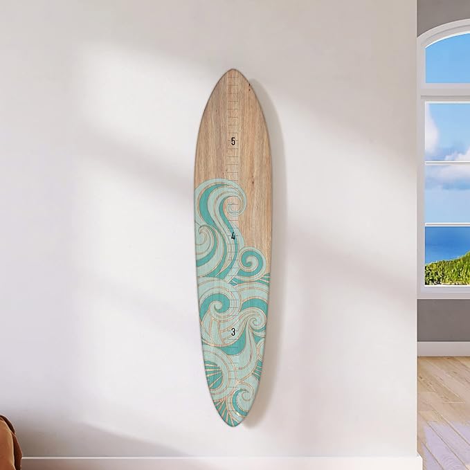 Wooden Surfboard Wall Decor Growth Chart - Surf Board Decor for Kids Room, Wooden Growth Chart for Wall, Surfboard Wall Art, Surfboards for Decoration - Teal Wave (9.5"x 45")