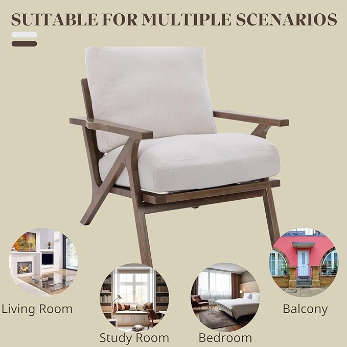 Wahson Mid Century Chair, Upholstered Accent Armchair, with Wood Frame and Removable Linen Cushions, Leisure Slipper Chair for Living Room/Bedroom, Cream