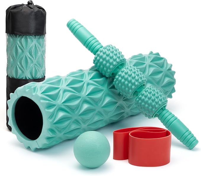 5 in1 Foam Roller Set, Trigger Point Foam Roller, Massage Roller Stick, Massage Ball, Resistance Band for Deep Muscle Massage Pilates Yoga,Fitness Exercise for Whole Body (Pure Turquoise)