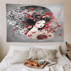 Japanese Geisha Tapestry Asian Red Cherry Blossom Red Sun Traditional Kimono Folk Tapestries Home Decor for Living Room Bedroom Apartment Farmhouse Dorm 90"x60"