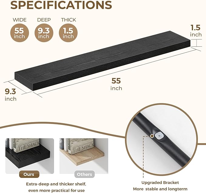 55 Inches Floating Shelves for Wall, 9.3" Deep Long Floating Shelves Set of 1, Large Display & Storage Shelf, Wall Shelf for Bathroom Bedroom Living Room Kitchen Office, Black